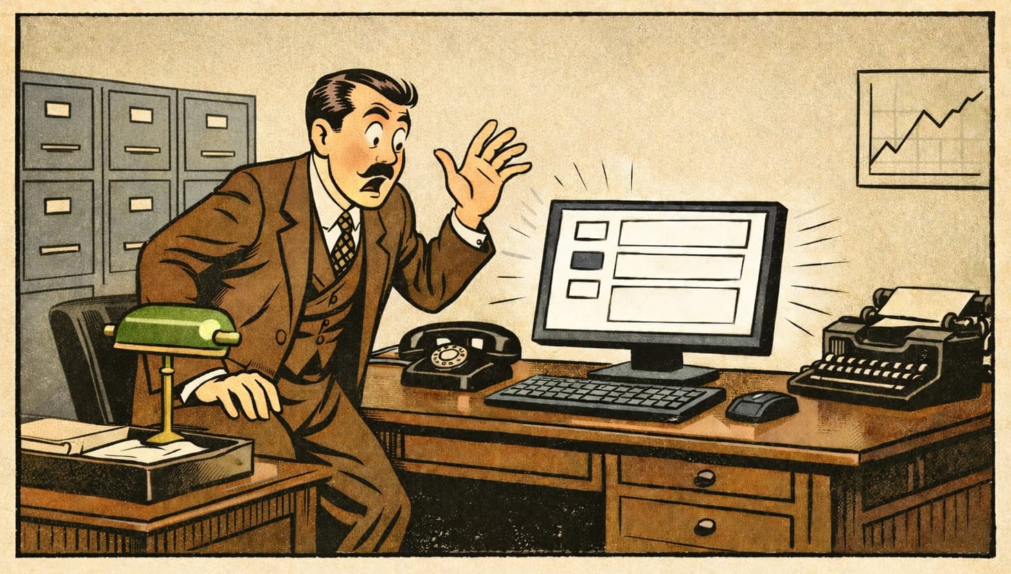 A vintage cartoon of a man in a 1930s style suite in a matching office with rotary phone, typewriter and a modern computer screen looks shocked at what he sees on the screen. 