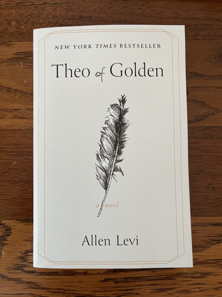 Image of the book Theo of Golden sitting on top of a walnut stained coffee table. 